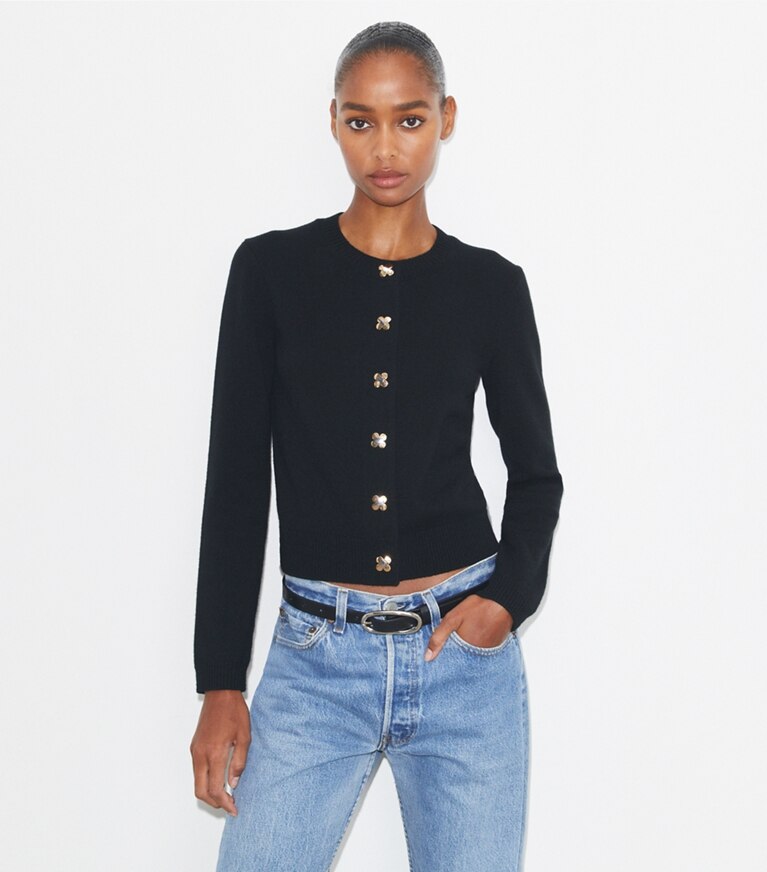 Tory Burch diseñador suéteres Cárdigan de cachemir en Black detalle en modelo