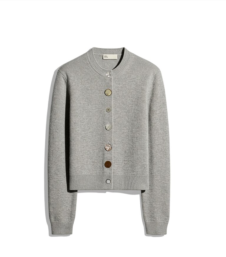 Tory Burch diseñador jerséis Cárdigan de cachemira con botones variados en Smoky Gray Melange adicional