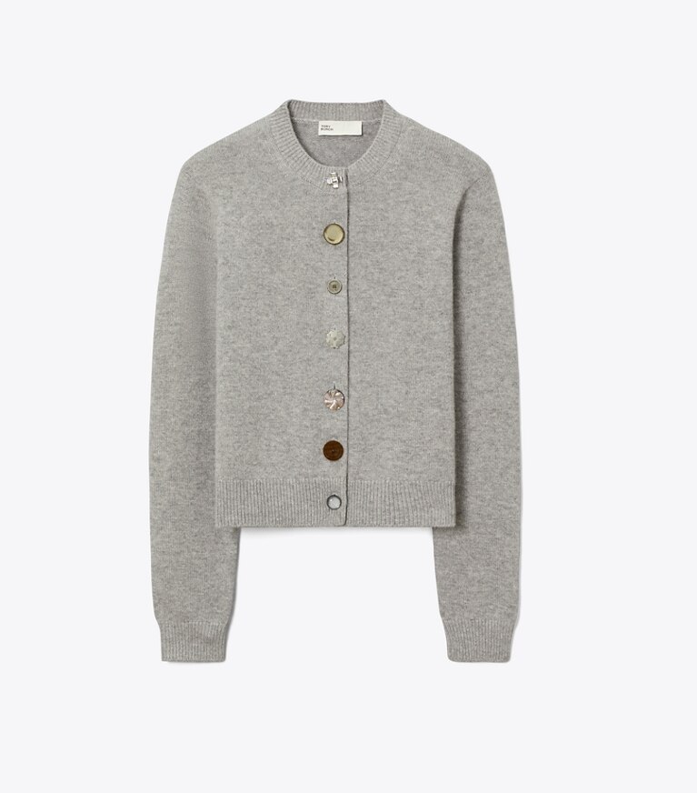 Tory Burch diseñador jerséis Cárdigan de cachemira con botones variados en Smoky Gray Melange frente