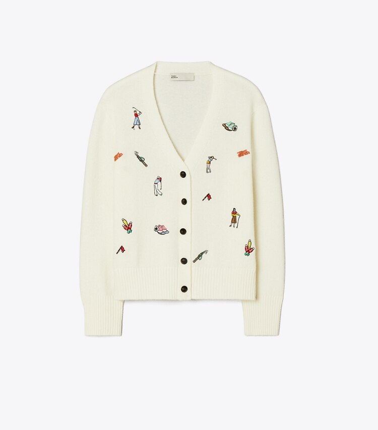 Tory Burch diseñador suéteres Cárdigan de golf bordado en New Ivory frente