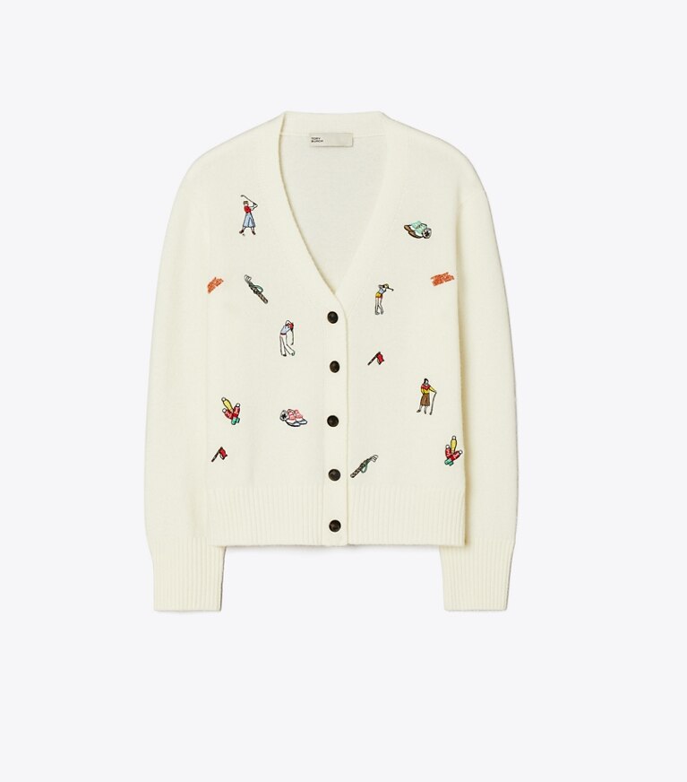 Tory Burch diseñador suéteres Cárdigan de golf bordado en New Ivory frente