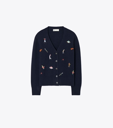 Tory Burch diseñador suéteres Cárdigan de golf bordado en Medium Navy frente