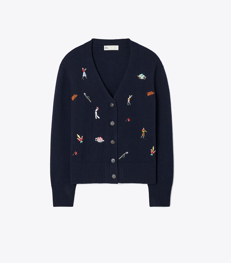 Tory Burch diseñador suéteres Cárdigan de golf bordado en Medium Navy frente