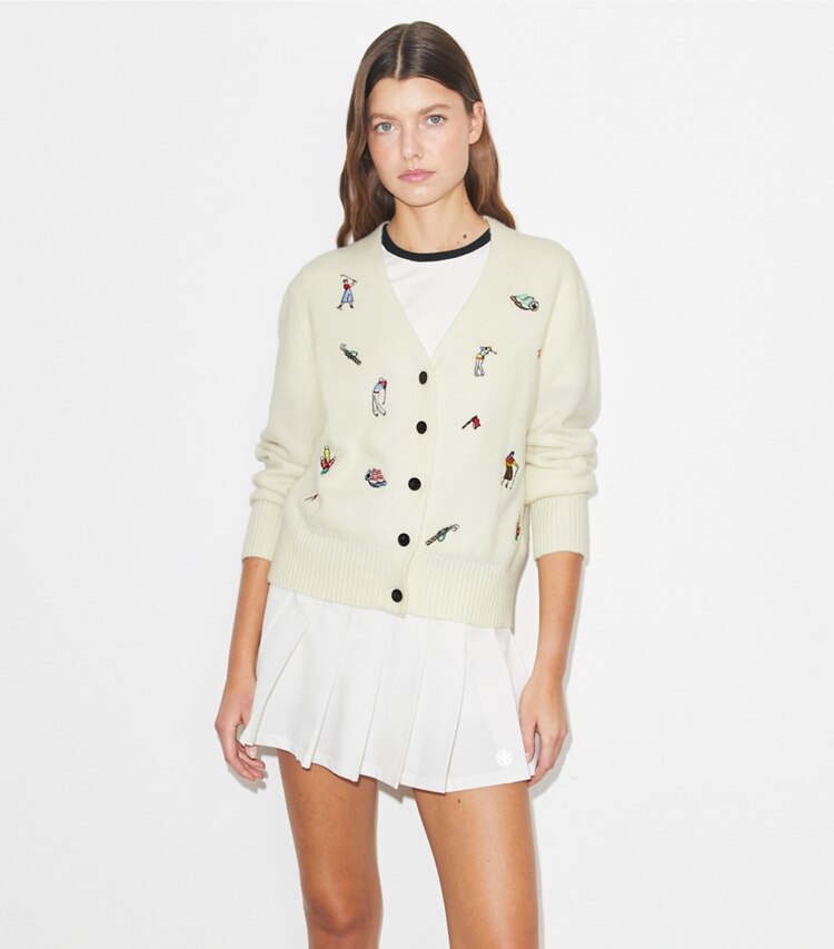 Tory Burch diseñador suéteres Cárdigan de golf bordado en New Ivory detalle en modelo