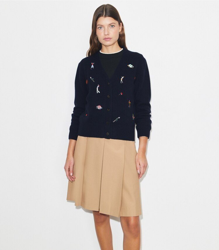 Tory Burch diseñador suéteres Cárdigan de golf bordado en Medium Navy detalle en modelo