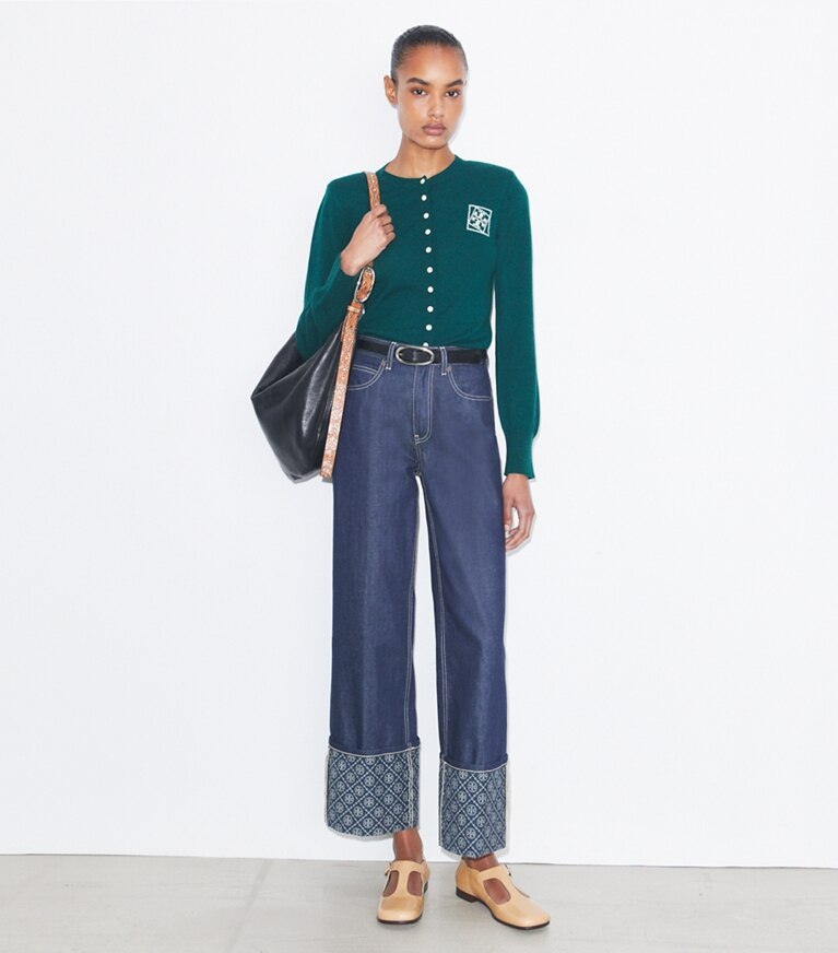 Tory Burch diseñador suéteres Cárdigan de lana en Dark Green adicional en modelo