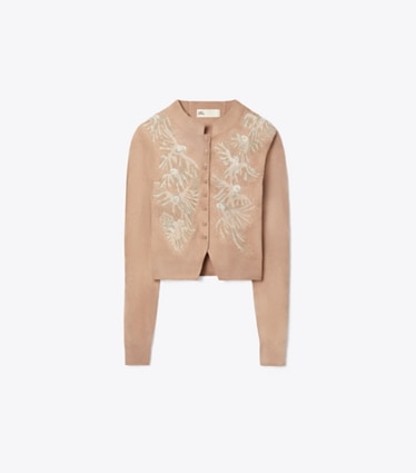 Tory Burch diseñador suéteres Cárdigan de lana con adornos en Taupe frente