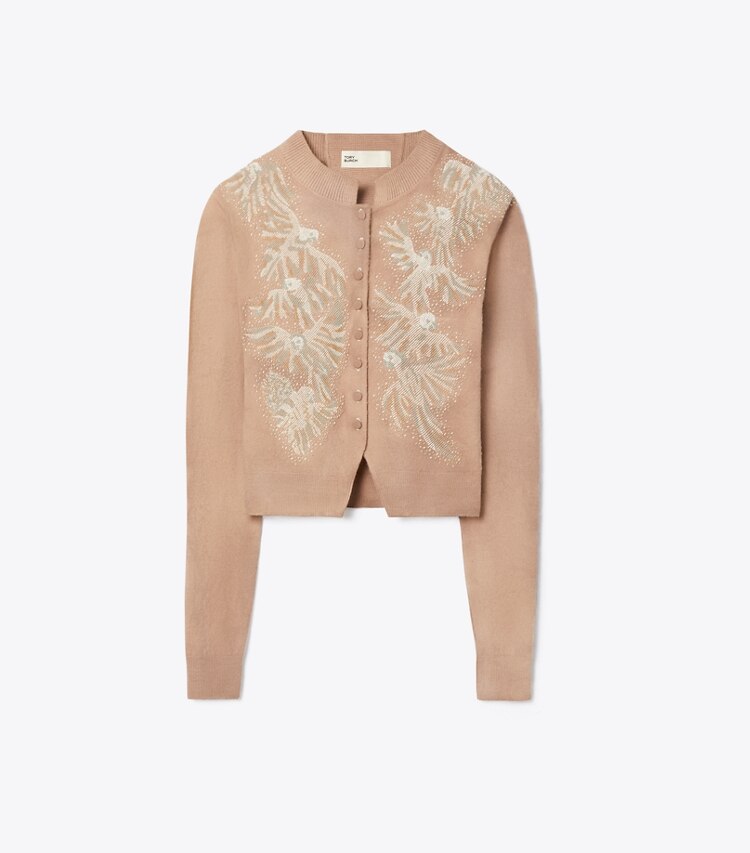 Tory Burch diseñador suéteres Cárdigan de lana con adornos en Taupe frente