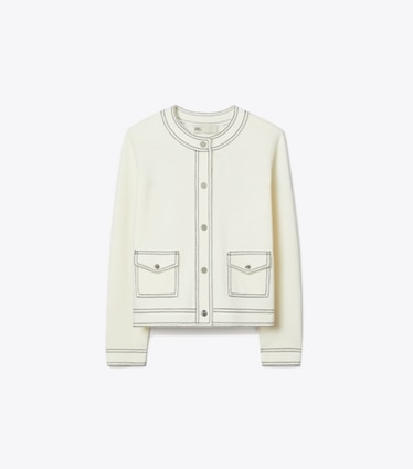 Tory Burch diseñador suéteres Cárdigan de lana con pespuntes en New Ivory frente