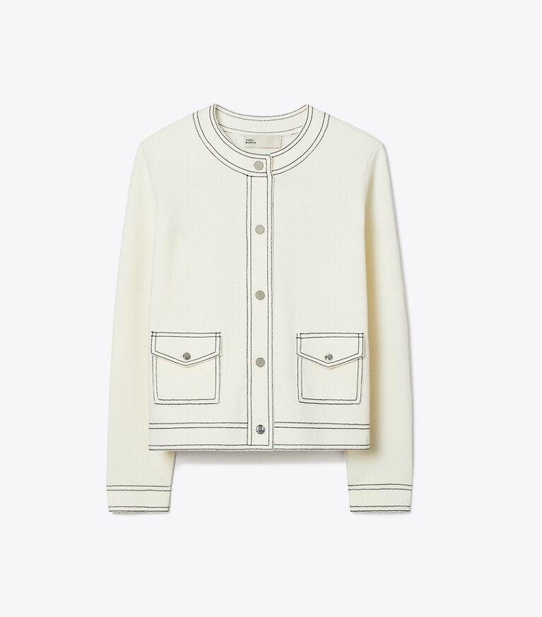Tory Burch diseñador suéteres Cárdigan de lana con pespuntes en New Ivory frente