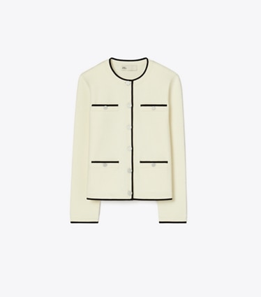 Tory Burch diseñador suéteres Cárdigan de lana Kendra en NEW IVORY/ BLACK frente