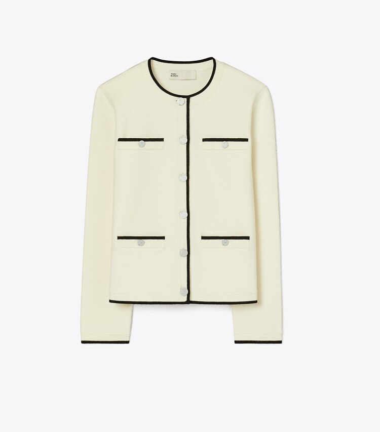 Tory Burch diseñador suéteres Cárdigan de lana Kendra en NEW IVORY/ BLACK frente