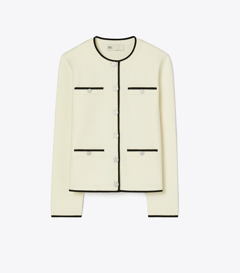 Tory Burch diseñador suéteres Cárdigan de lana Kendra en NEW IVORY/ BLACK frente