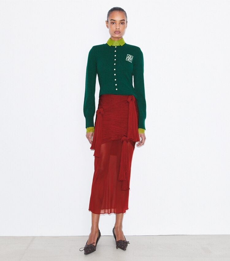 Tory Burch diseñador suéteres Cárdigan de lana en Dark Green frente en modelo
