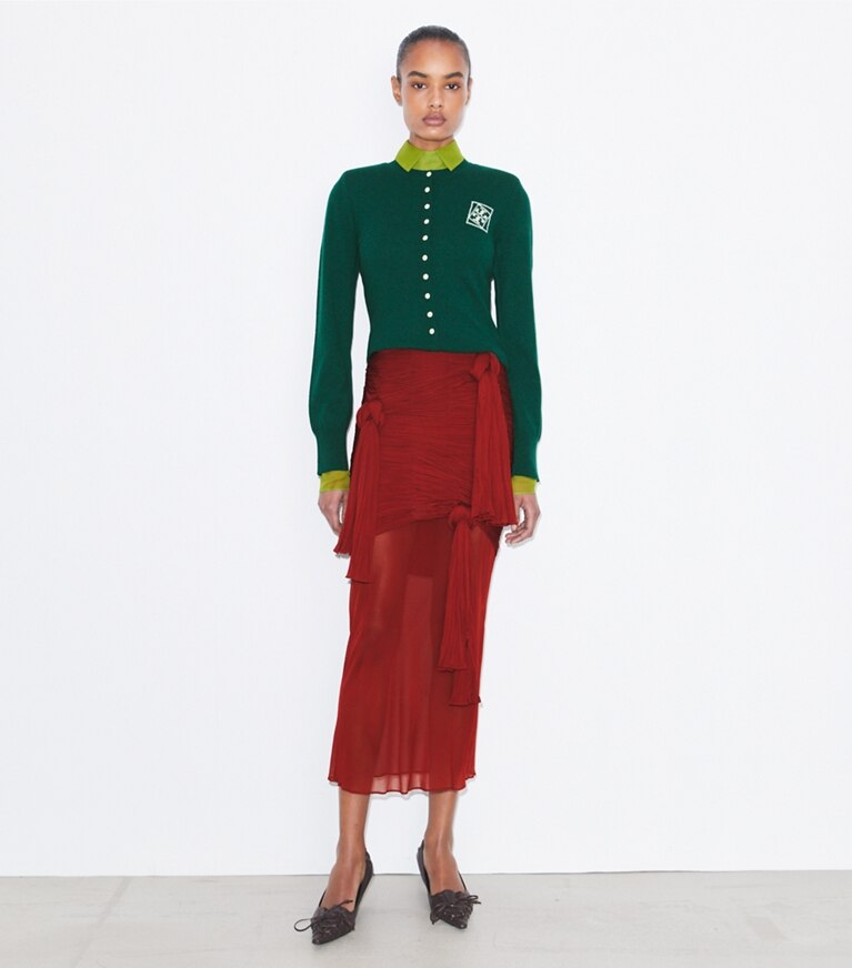 Tory Burch diseñador suéteres Cárdigan de lana en Dark Green frente en modelo