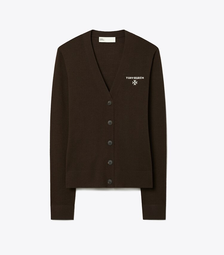 Tory Burch diseñador suéteres Cárdigan de lana Simone en Winter Rich Brown frente