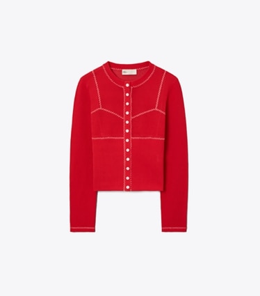 Tory Burch diseñador suéteres Cárdigan de malla de algodón y nailon en Bright Red /  White frente