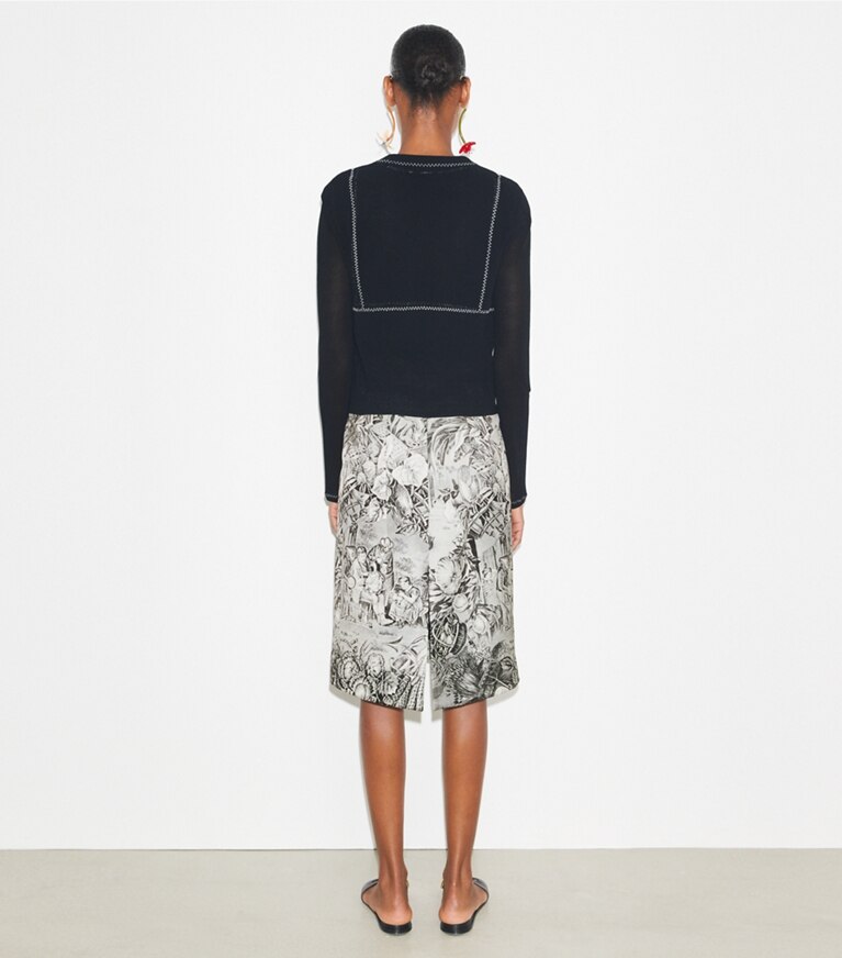 Tory Burch diseñador suéteres Cárdigan de malla de algodón y nailon en Black parte posterior en modelo