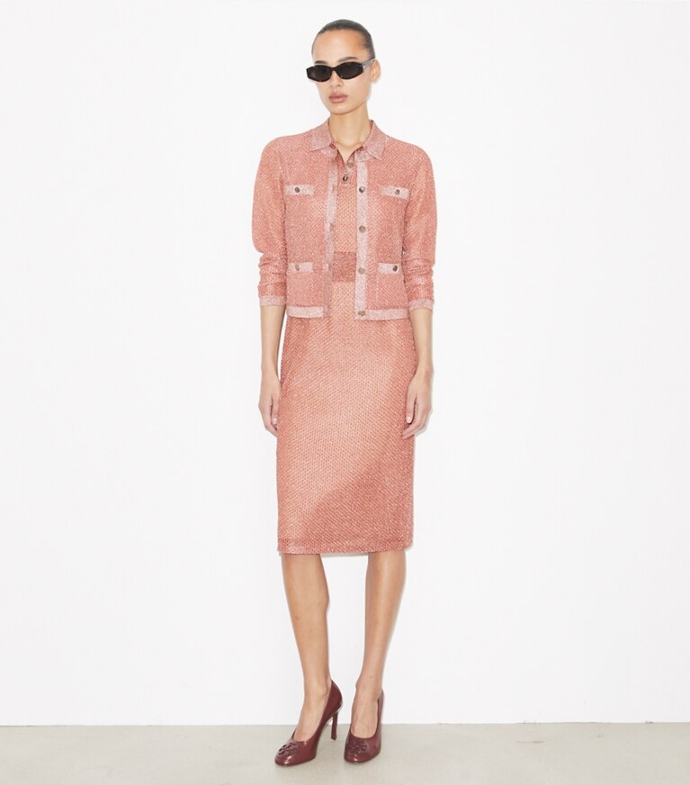 Tory Burch diseñador suéteres Cárdigan de malla Kendra en Copper / Soft Pink adicional en modelo