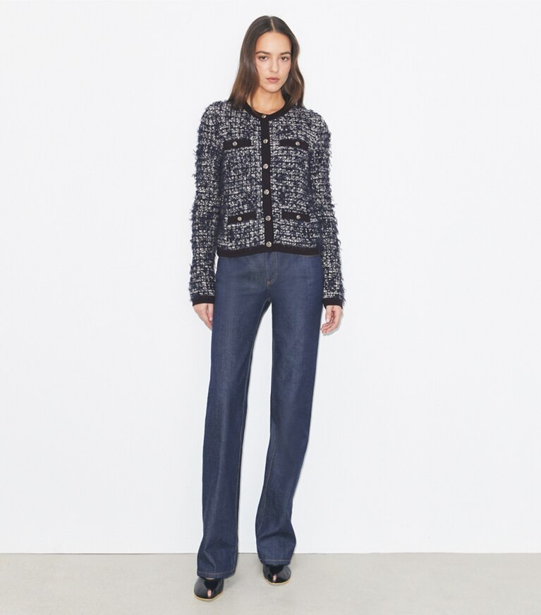 Tory Burch diseñador suéteres Cárdigan de tweed Kendra en Navy / Ivory adicional en modelo