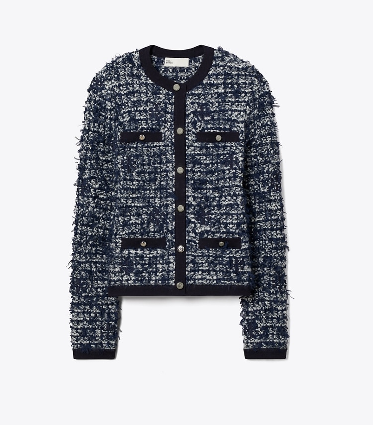 Tory Burch diseñador suéteres Cárdigan de tweed Kendra en Navy / Ivory frente