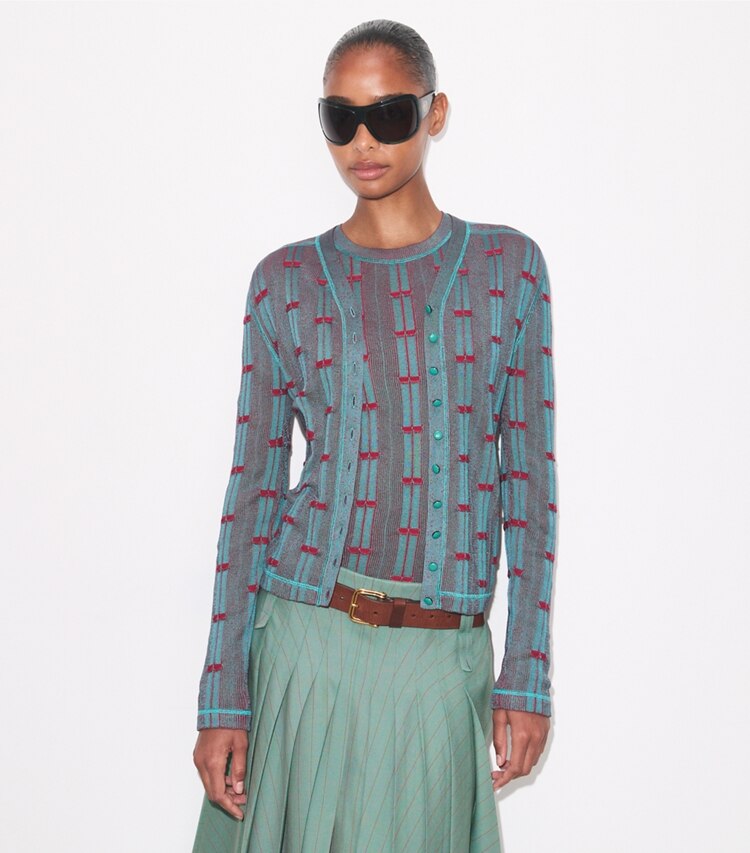 Tory Burch diseñador suéteres Cárdigan de viscosa acanalada en Mermaid / Bordeaux detalle en modelo