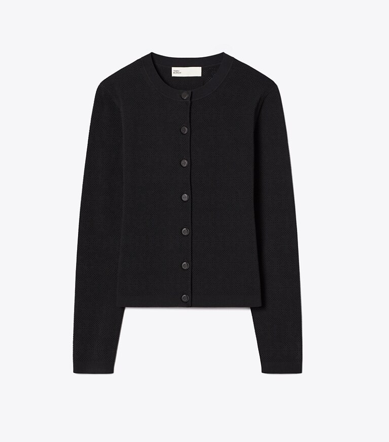 Tory Burch diseñador suéteres Cárdigan de viscosa pointelle en Black frente