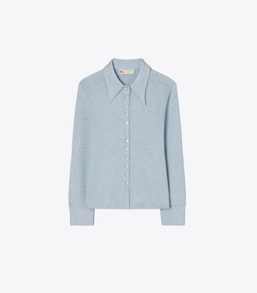 Tory Burch diseñador suéteres Cárdigan estilo polo de seda en Light Blue frente