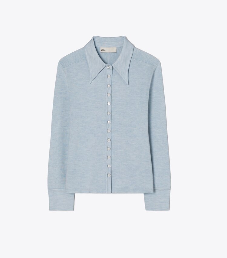 Tory Burch diseñador suéteres Cárdigan estilo polo de seda en Light Blue frente