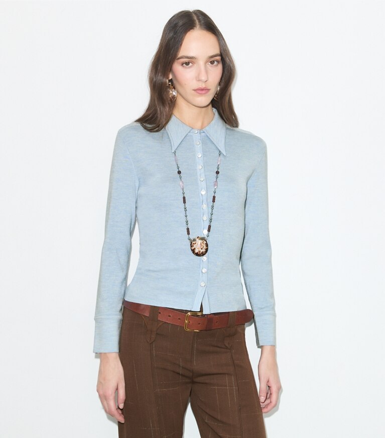 Tory Burch diseñador suéteres Cárdigan estilo polo de seda en Light Blue detalle en modelo