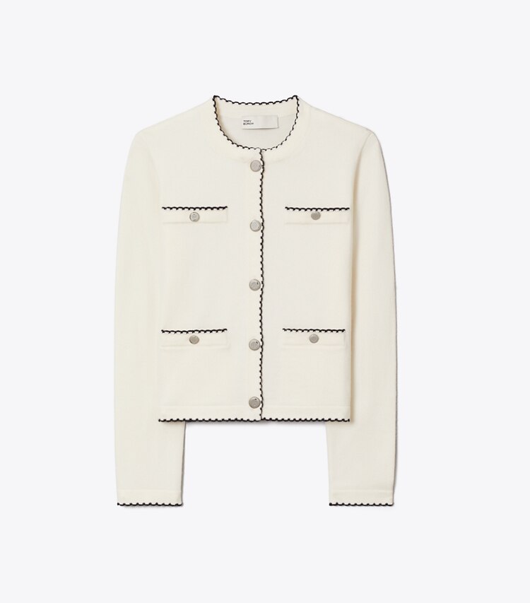 Tory Burch diseñador suéteres Cárdigan festoneado de lana Kendra en New Ivory / Medium Navy frente