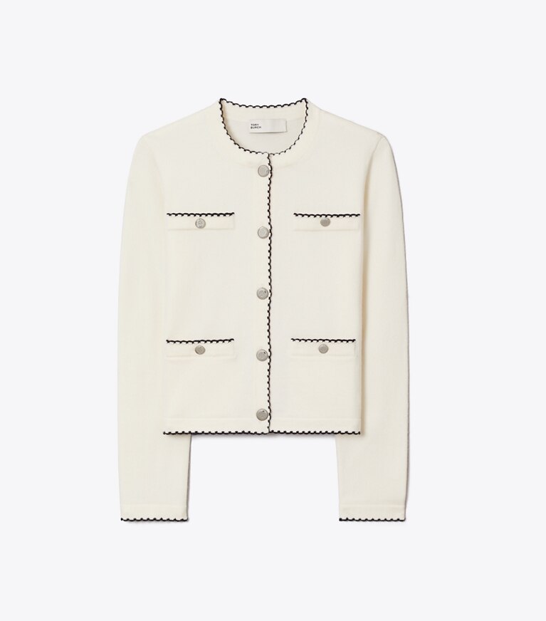 Tory Burch diseñador suéteres Cárdigan festoneado de lana Kendra en New Ivory / Medium Navy frente