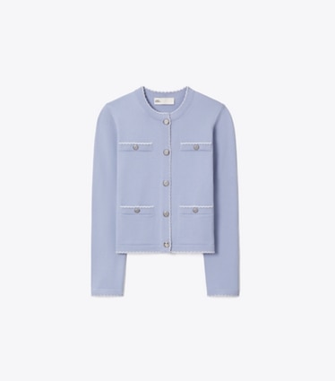 Tory Burch diseñador suéteres Cárdigan festoneado de lana Kendra en Pale Blue / New Ivory frente