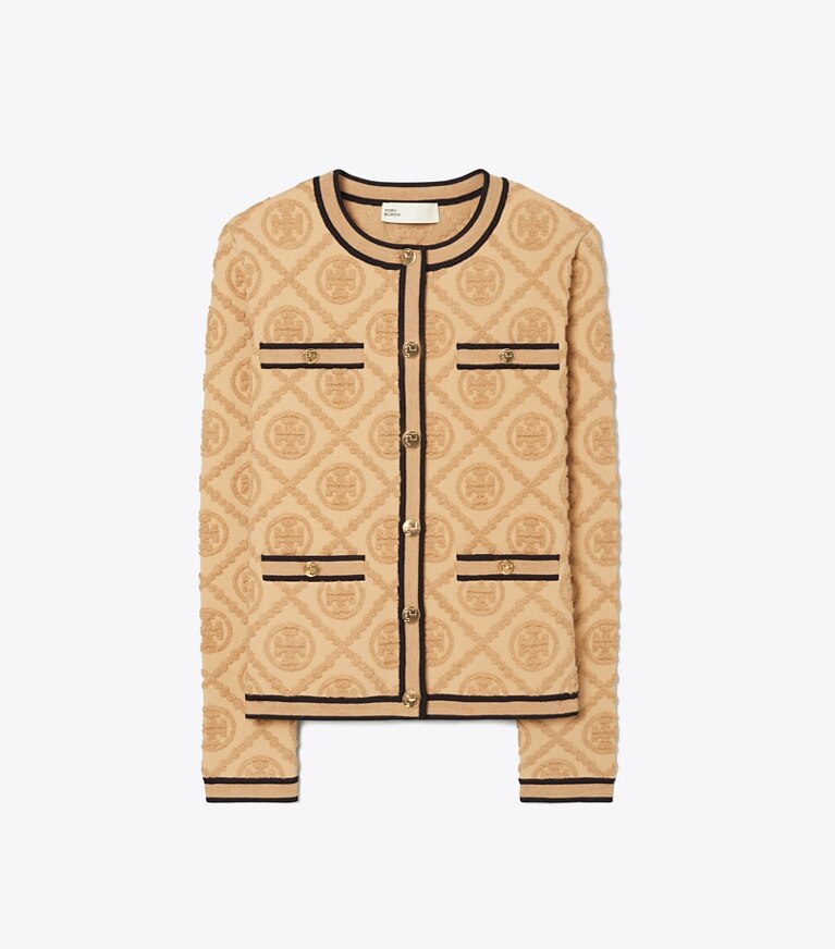 Tory Burch diseñador suéteres Cárdigan Kendra con relieve en Camel Heather frontal