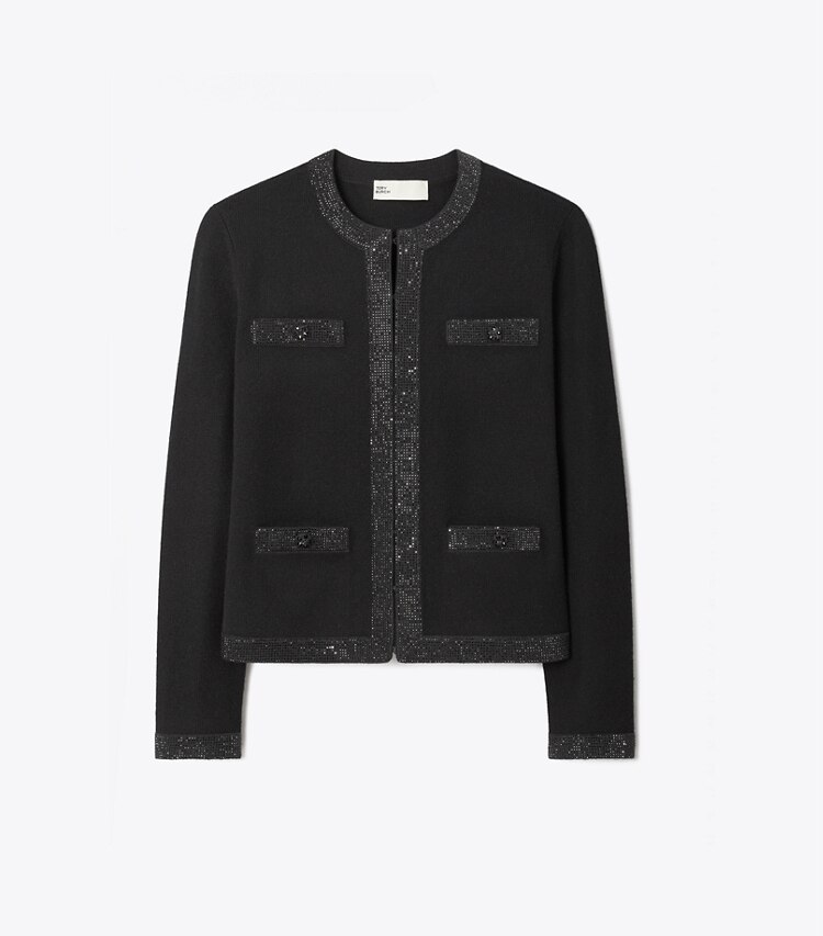 Tory Burch diseñador suéteres Cárdigan Kendra de lana con adornos en Black frente