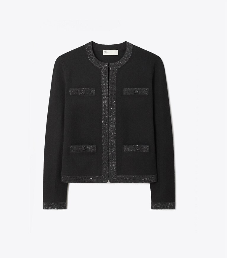 Tory Burch diseñador suéteres Cárdigan Kendra de lana con adornos en Black frente