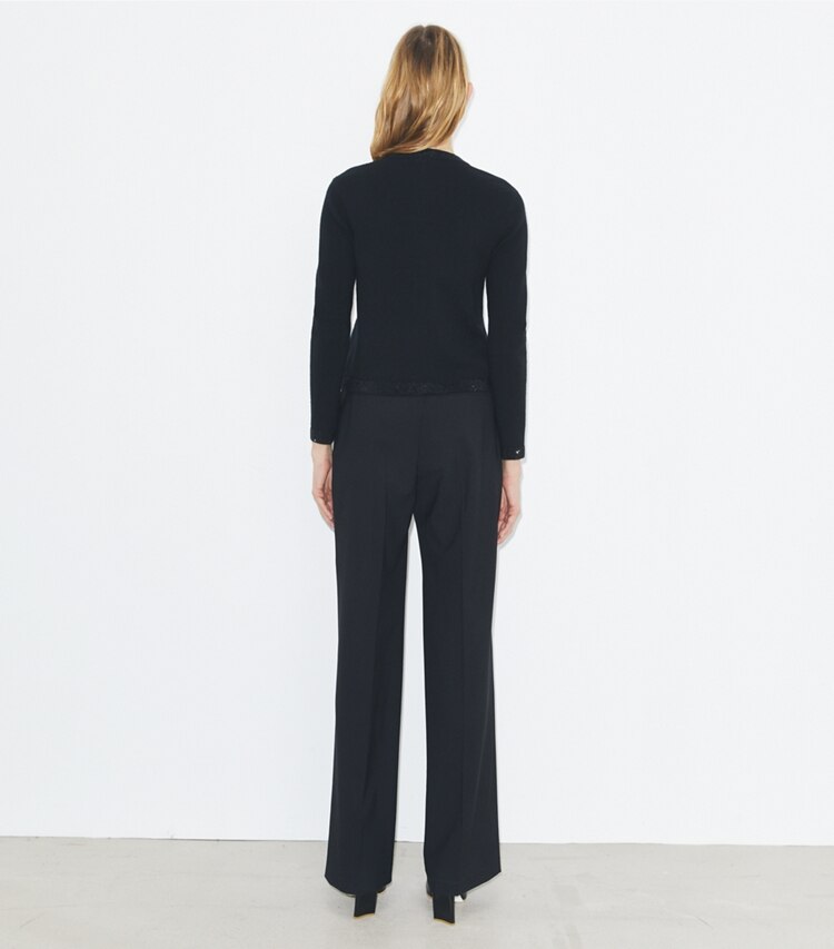 Tory Burch diseñador suéteres Cárdigan Kendra de lana con adornos en Black parte posterior en modelo