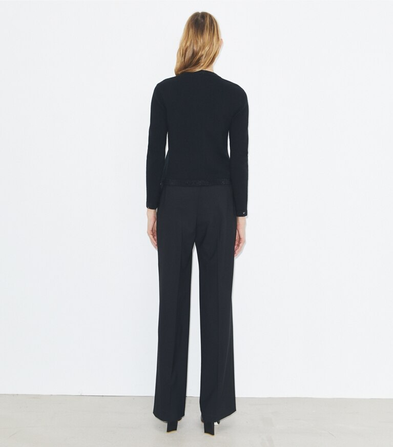 Tory Burch diseñador suéteres Cárdigan Kendra de lana con adornos en Black parte posterior en modelo