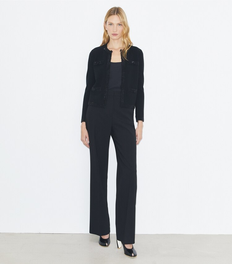 Tory Burch diseñador suéteres Cárdigan Kendra de lana con adornos en Black frente en modelo