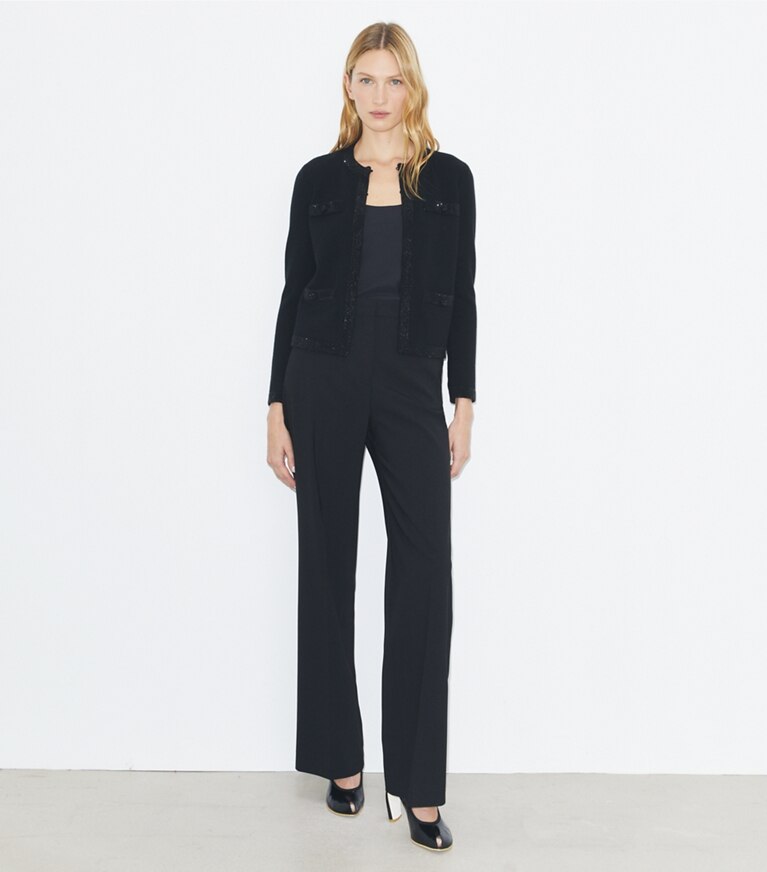 Tory Burch diseñador suéteres Cárdigan Kendra de lana con adornos en Black frente en modelo