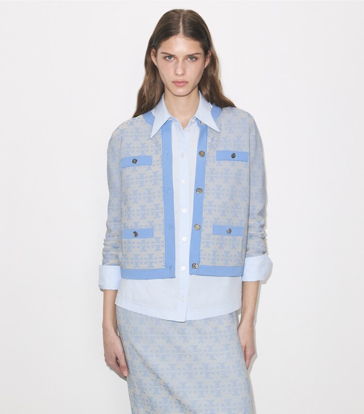 Tory Burch diseñador suéteres Cárdigan Kendra de viscosa en Vanilla / Blue detalle en modelo