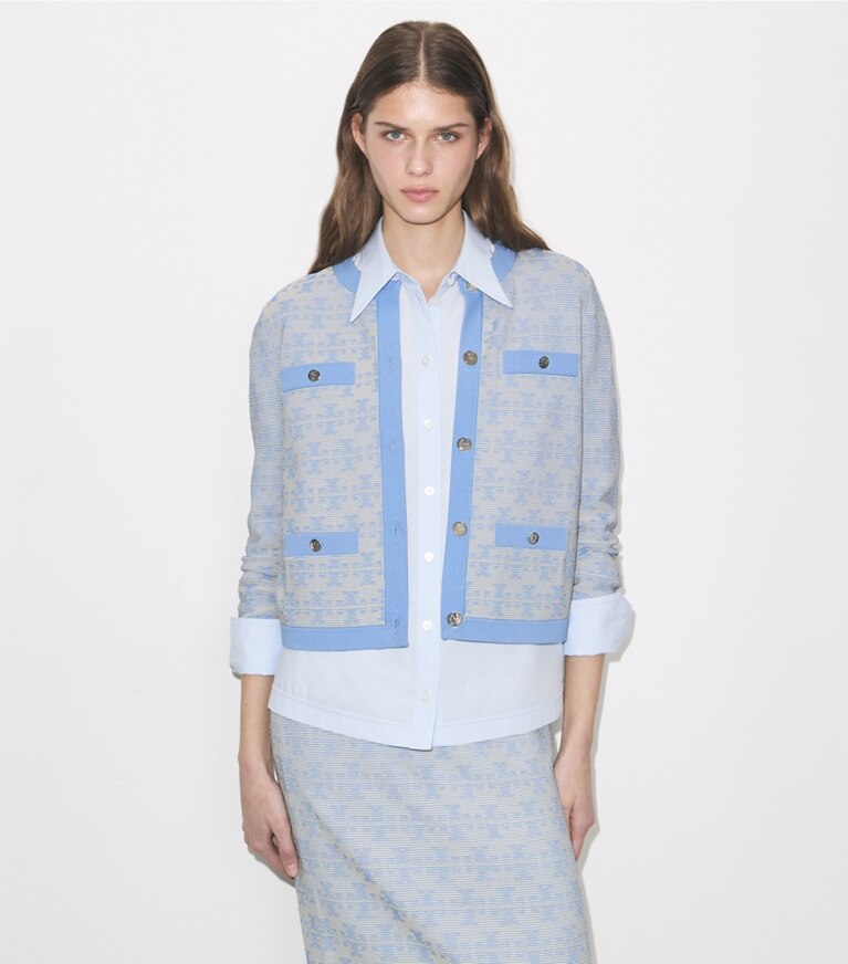 Tory Burch diseñador suéteres Cárdigan Kendra de viscosa en Vanilla / Blue detalle en modelo