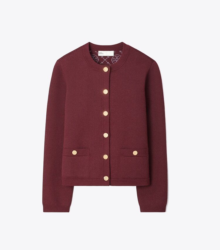 Tory Burch diseñador suéteres Cárdigan Kendra en Dark Carmine frontal
