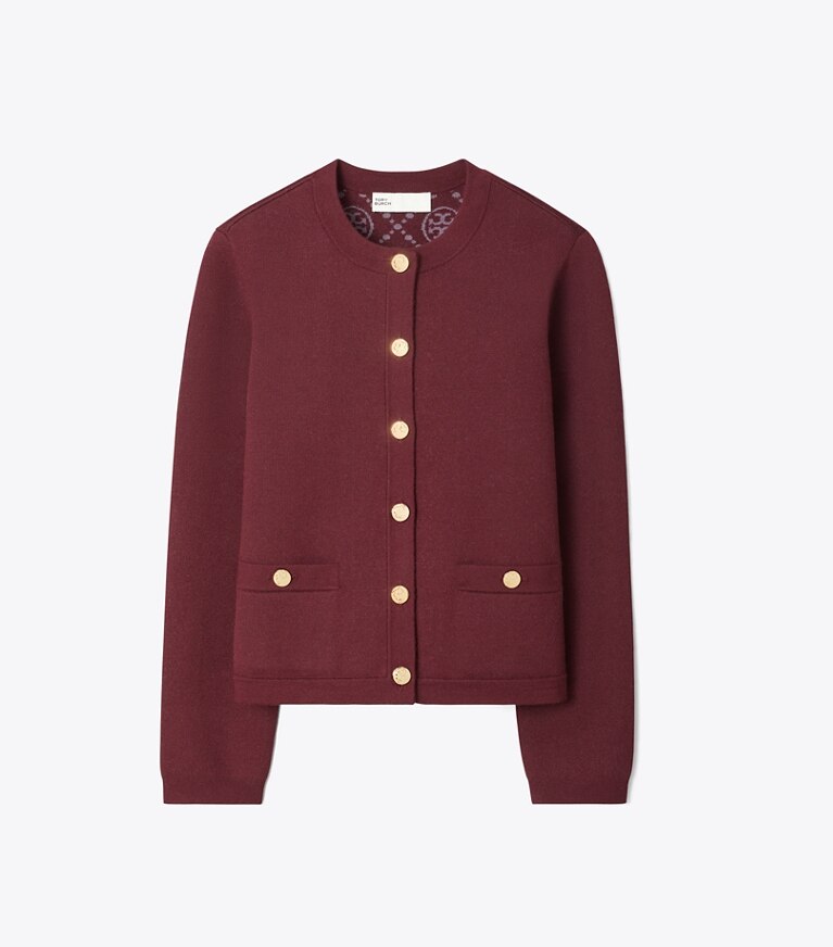 Tory Burch diseñador suéteres Cárdigan Kendra en Dark Carmine frontal