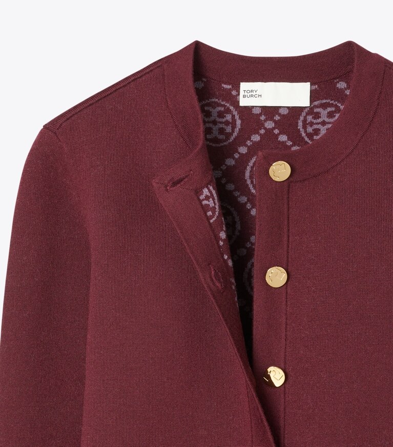 Tory Burch diseñador suéteres Cárdigan Kendra en Dark Carmine plegable y reversible