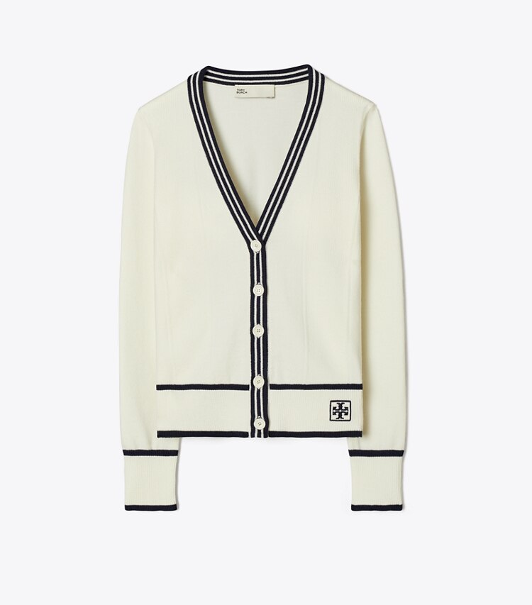 Tory Burch diseñador suéteres Cárdigan recortado acanalado de lana en White / Deep Navy frontal