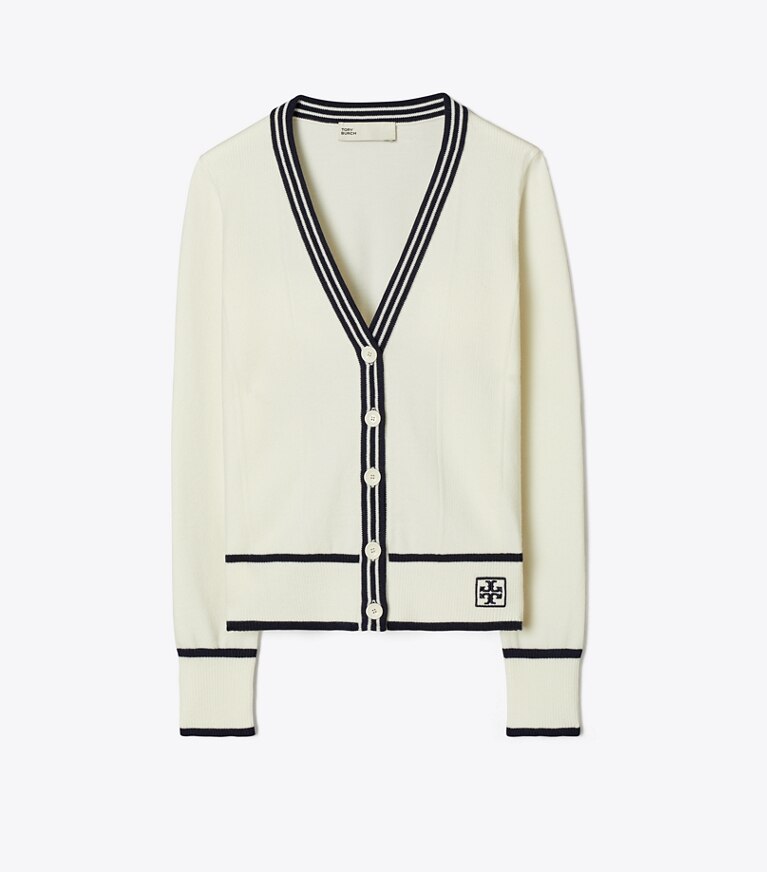 Tory Burch diseñador suéteres Cárdigan recortado acanalado de lana en White / Deep Navy frontal