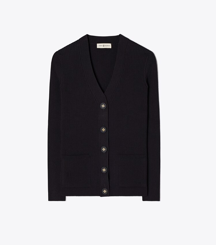 Tory Burch diseñador suéteres Cárdigan Simone acanalado en Medium Navy frontal