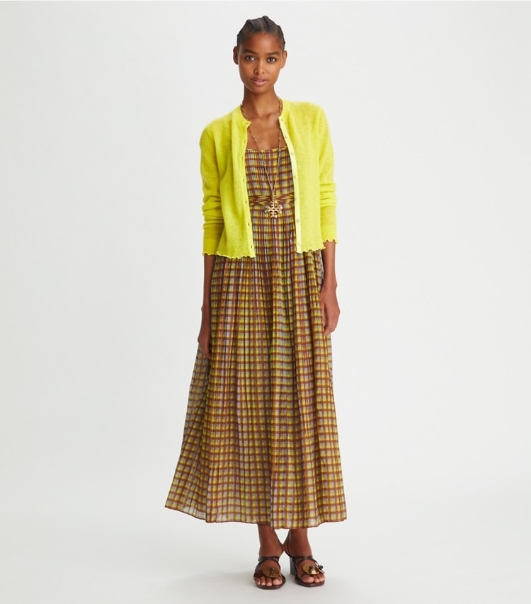 Tory Burch diseñador suéteres Cárdigan transparente de cuello redondo en Summer Citrus en el modelo (frente)
