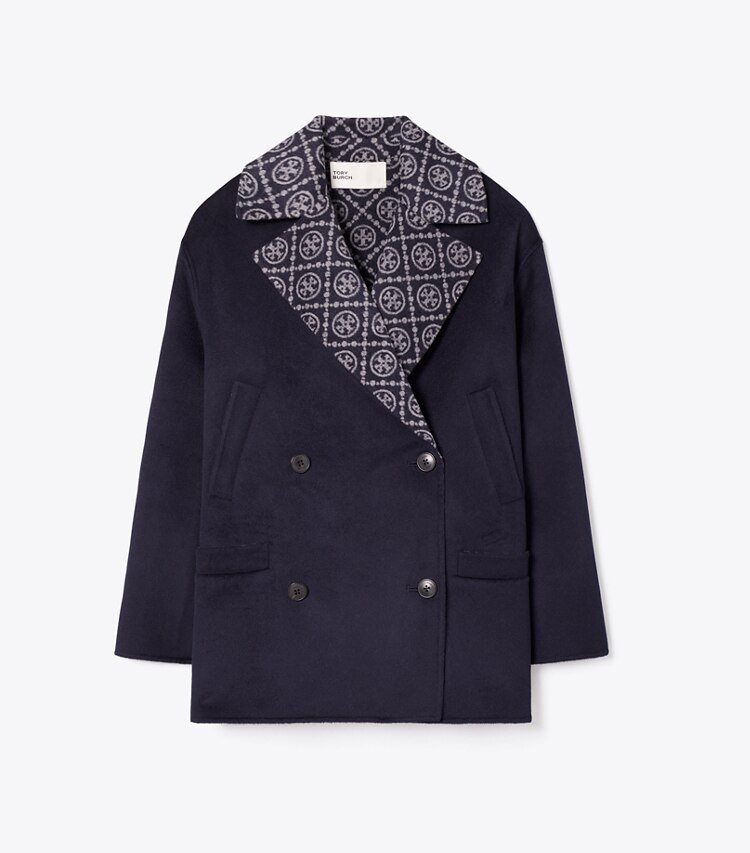 Tory Burch designer mäntel Caban aus Wolle mit T-Monogramm in Medium Navy/Gray Logo Allover front